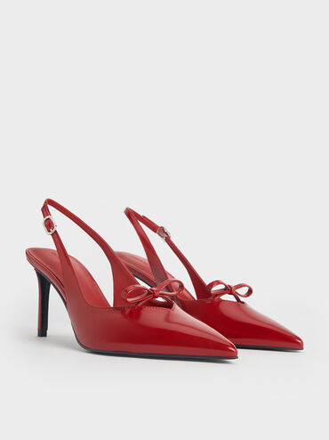Patent Bow Slingback Pumps, Red, hi-res
