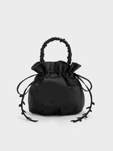 Mabel Satin Floral-Vine Bucket Bag, Noir, hi-res