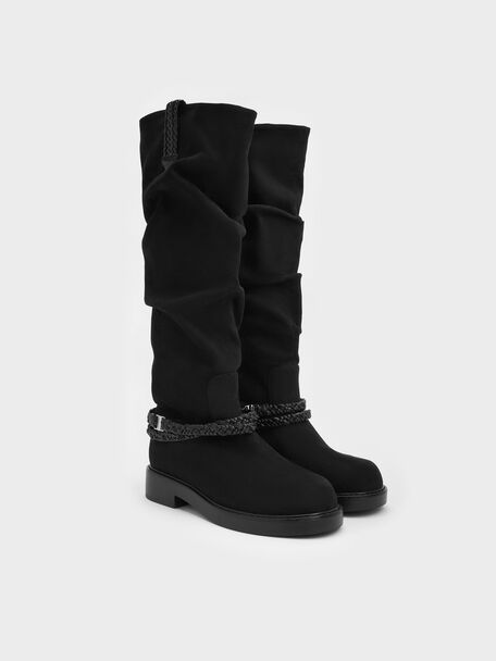 Franca Faux Suede Braided-Strap Knee-High Boots, Black Textured, hi-res