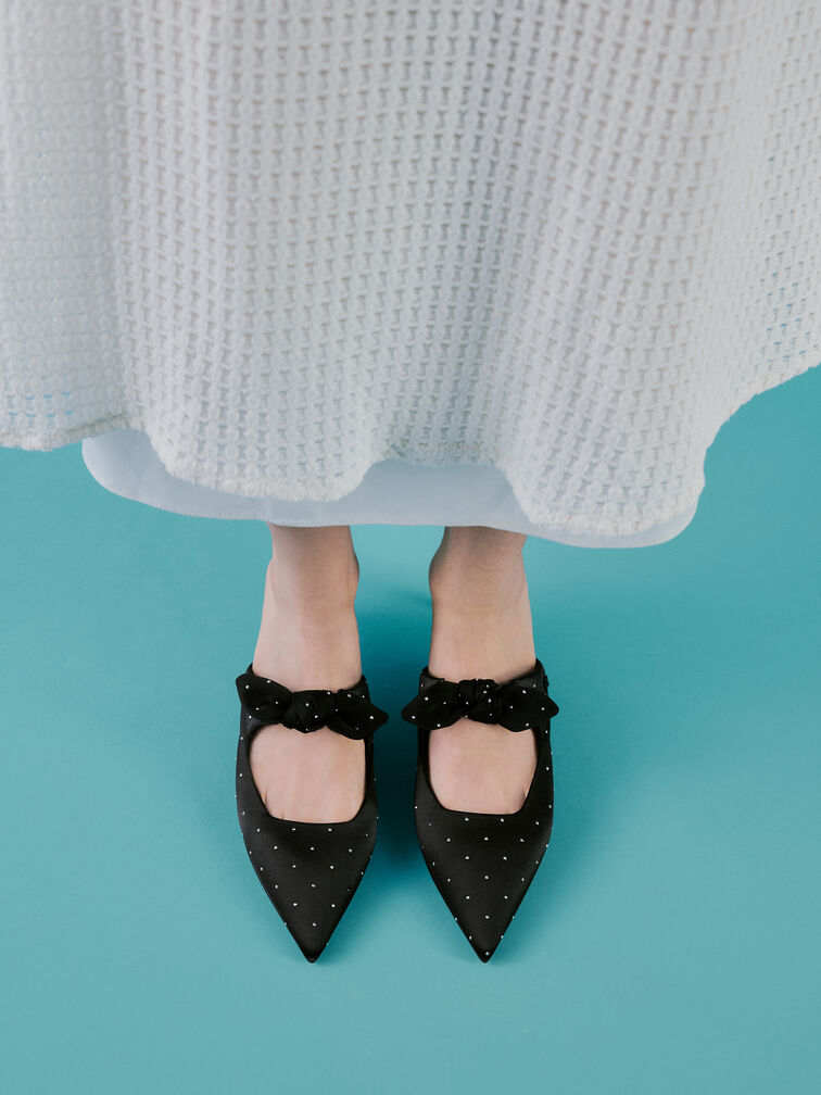 Jayce Dotted Knot-Bow Kitten-Heel Mules, Black Textured, hi-res