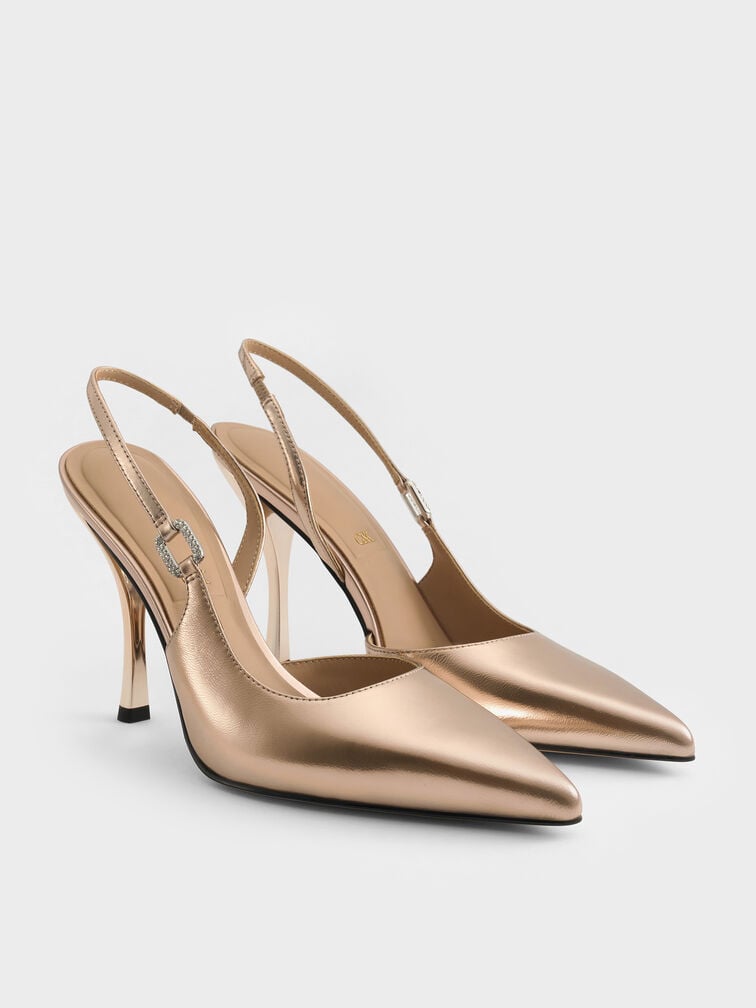 Metallic Leather Crystal-Buckle Slingback Pumps, Bronze, hi-res