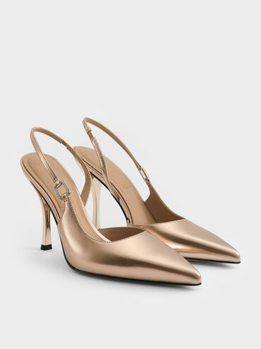 Metallic Leather Crystal-Buckle Slingback Pumps, Bronze, hi-res