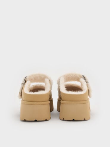 Bergen Textured Fur-Trim Buckled Platform Mules, Sand, hi-res