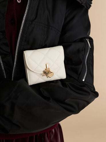 Arrietty Quilted Bow-Heart Charm Curved-Flap Wallet, Cream, hi-res
