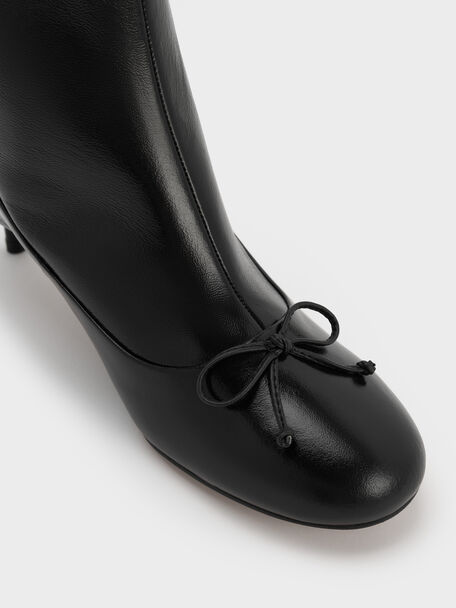 Aretha Leather Bow Kitten-Heel Calf Boots, Black, hi-res