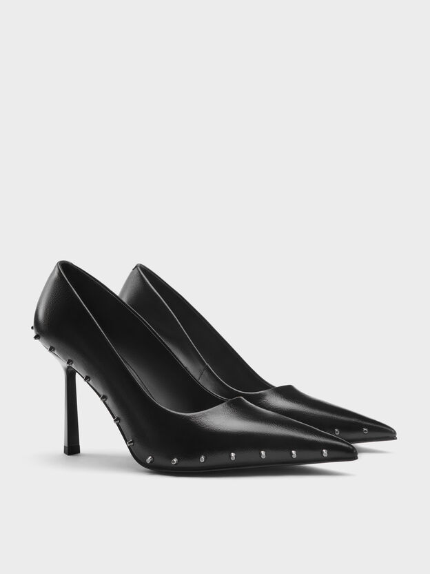 Coralie Studded Pointed Pumps, Black, hi-res