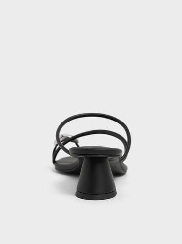 Metallic-Accent Strappy Toe-Ring Heeled Sandals, Black, hi-res