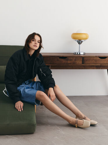 Lando Two-Tone Metallic-Buckle Mary Jane Flats, Chalk, hi-res