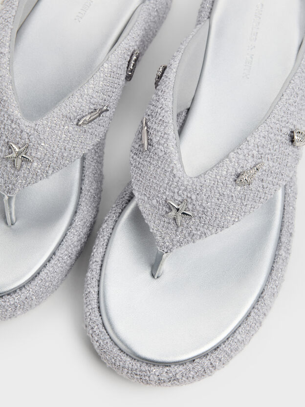 Tweed Beach Flatform Thong Sandals, Silver, hi-res