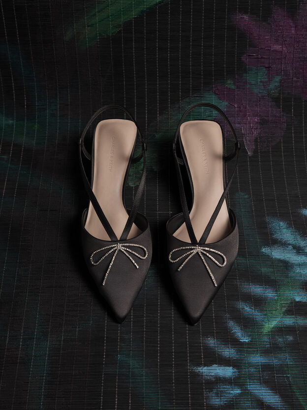 Crystal-Bow Kitten-Heel Slingback Pumps, Black Textured, hi-res