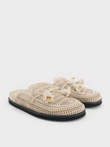 Crochet & Suede Flower Mules, Chalk, hi-res