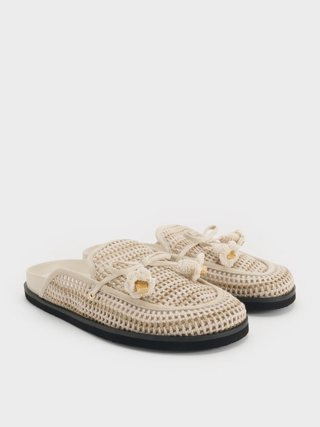 Crochet & Suede Flower Mules, Chalk, hi-res