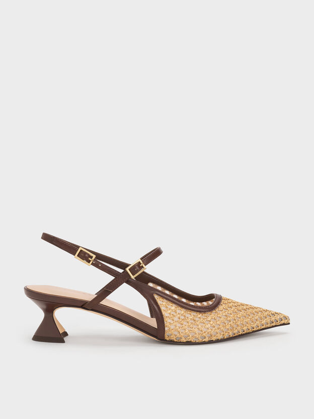 Raffia Sculptural-Heel Slingback Pumps, Dark Brown Textured, hi-res