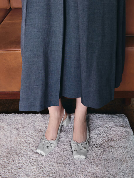 Sadira Satin Embroidered Sequinned Slingback Pumps, Grey, hi-res