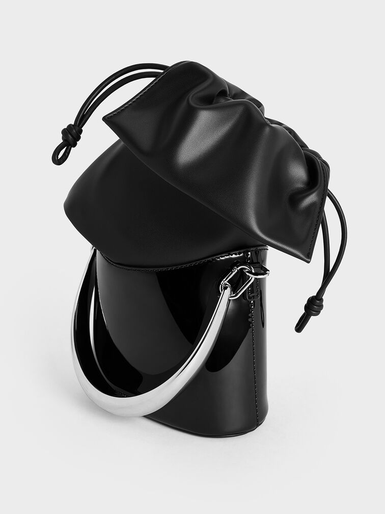 Patent Ruched-Flap Drawstring Bucket Bag, Noir, hi-res