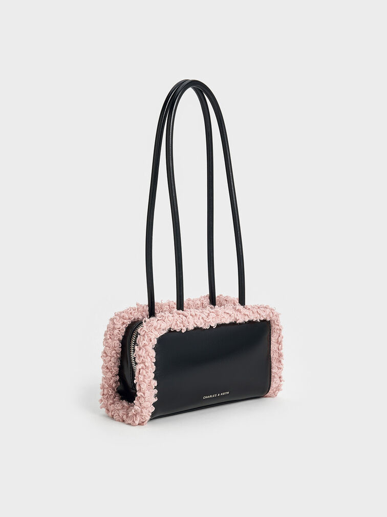 Fur-Trim Elongated-Handle Shoulder Bag, Pink, hi-res
