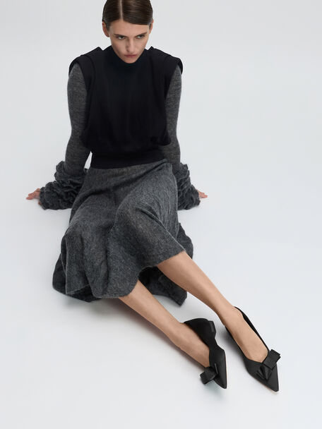 Pleated-Bow Pointed Ballet Flats, Black Textured, hi-res
