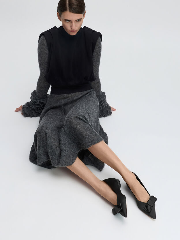 Pleated-Bow Pointed Ballet Flats, Black Textured, hi-res