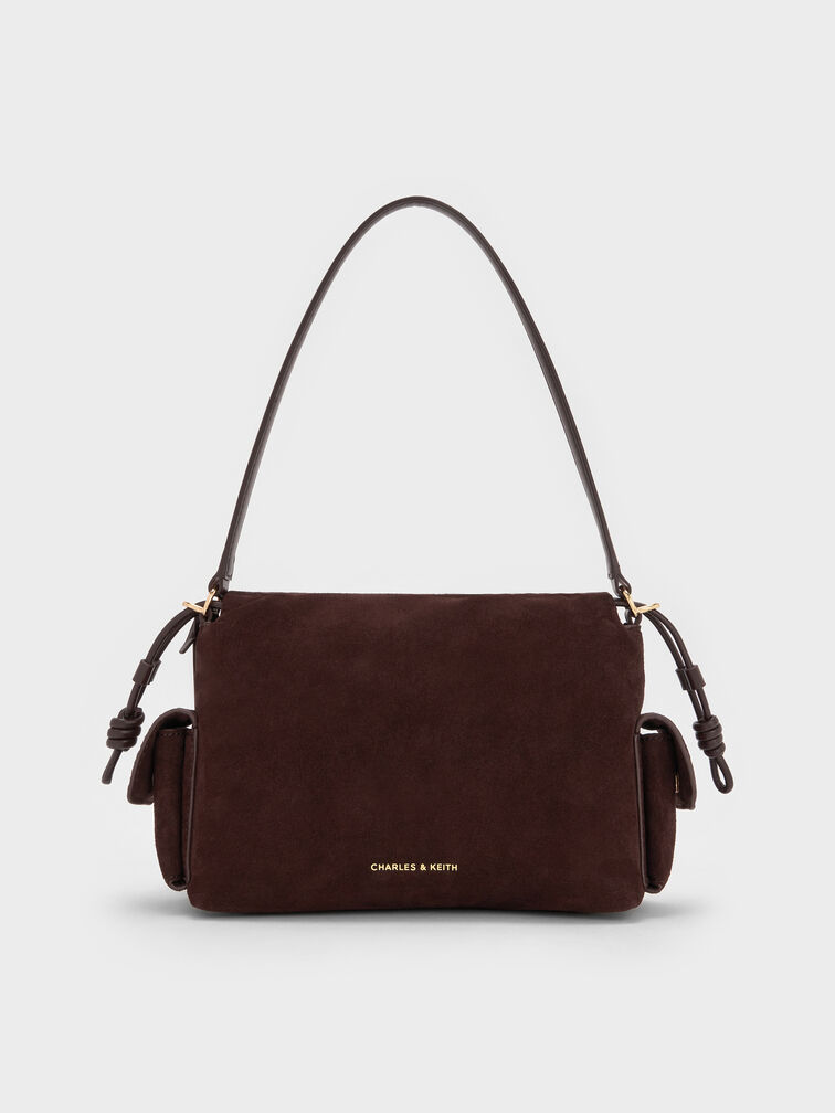 Khai Recycled Suede Ruched-Flap Side-Pocket Top Handle Bag, Espresso Brown, hi-res