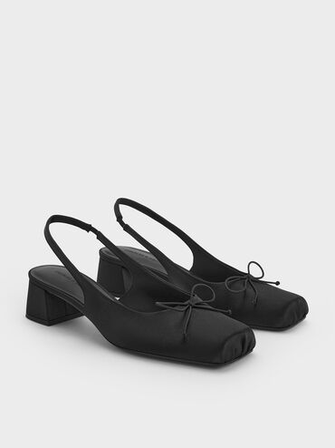 Sadira Satin Bow Square-Toe Slingback Pumps, Black Textured, hi-res