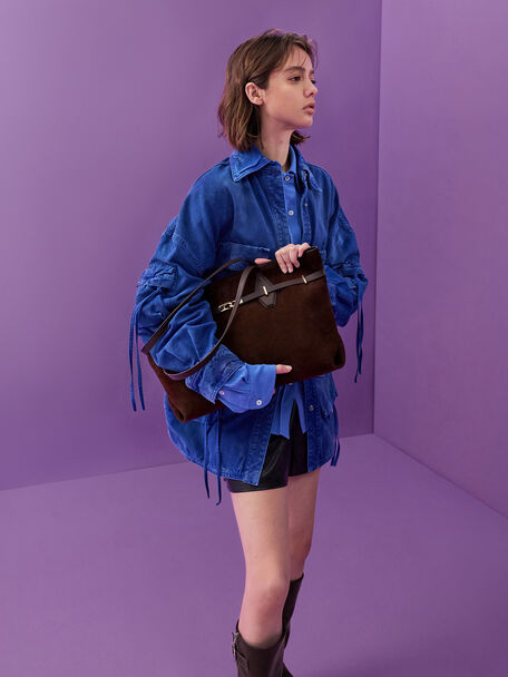 Arlet Double-Handle Belted Tote Bag, Espresso Brown, hi-res