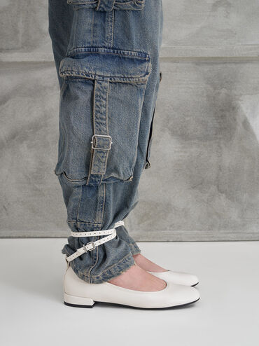 Ankle-Strap Ballet Flats, White, hi-res