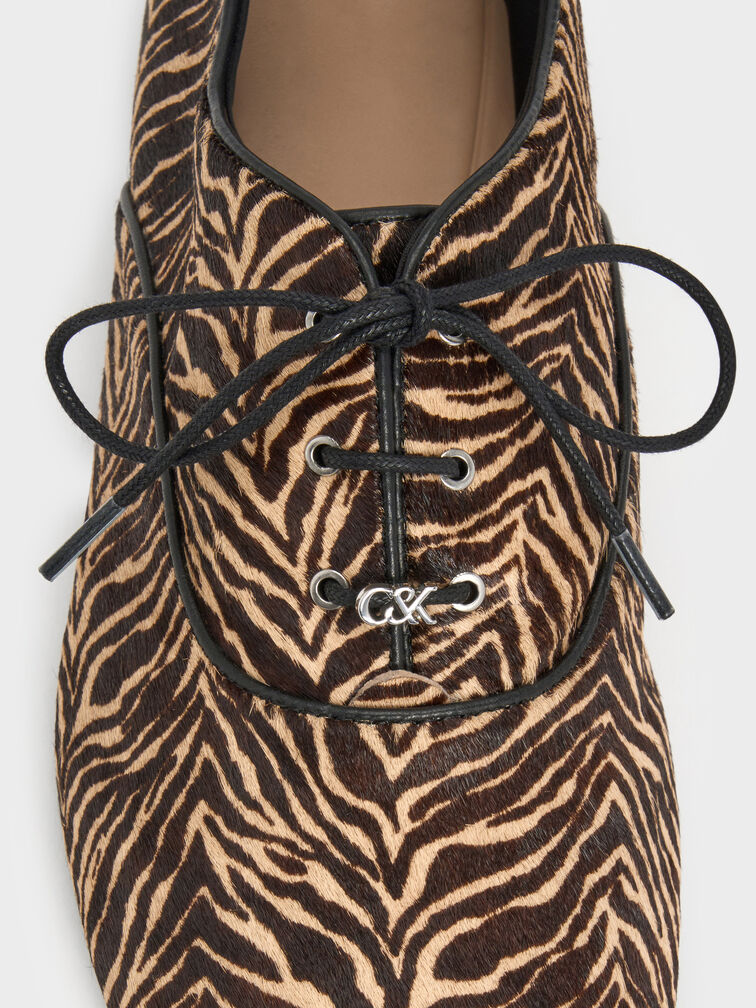 Pippa Zebra-Print Calf Hair Derby Flats, Animal Print Sand, hi-res