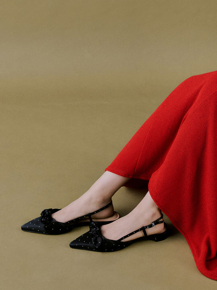 Jayce Dotted Knot-Bow Slingback Flats, Black Textured, hi-res