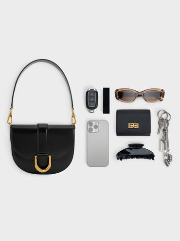 Gabine Leather Saddle Bag, Black, hi-res