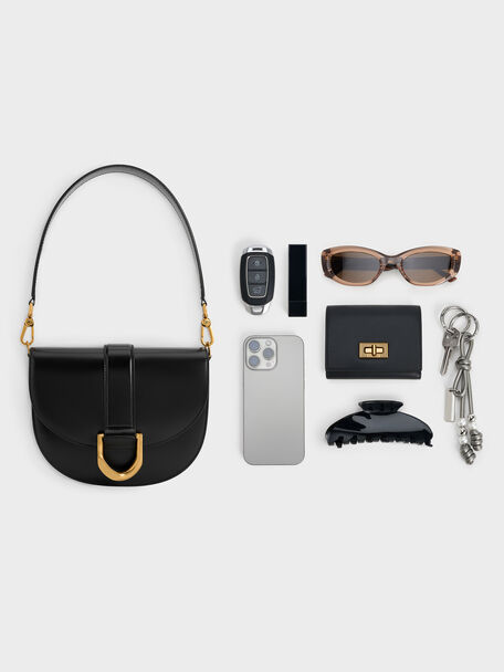Gabine Leather Saddle Bag, Black, hi-res