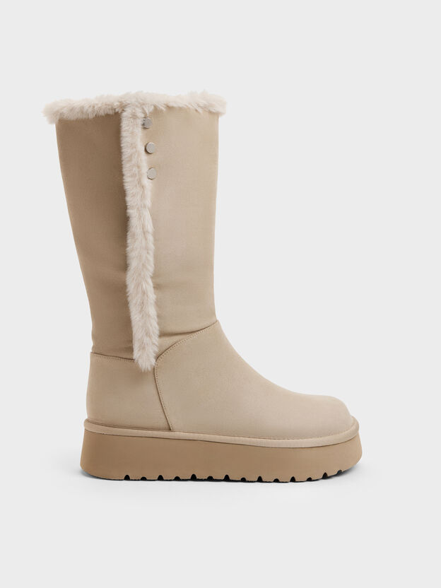 Floyd Faux Suede Fur-Trim Platform Boots, Taupe, hi-res
