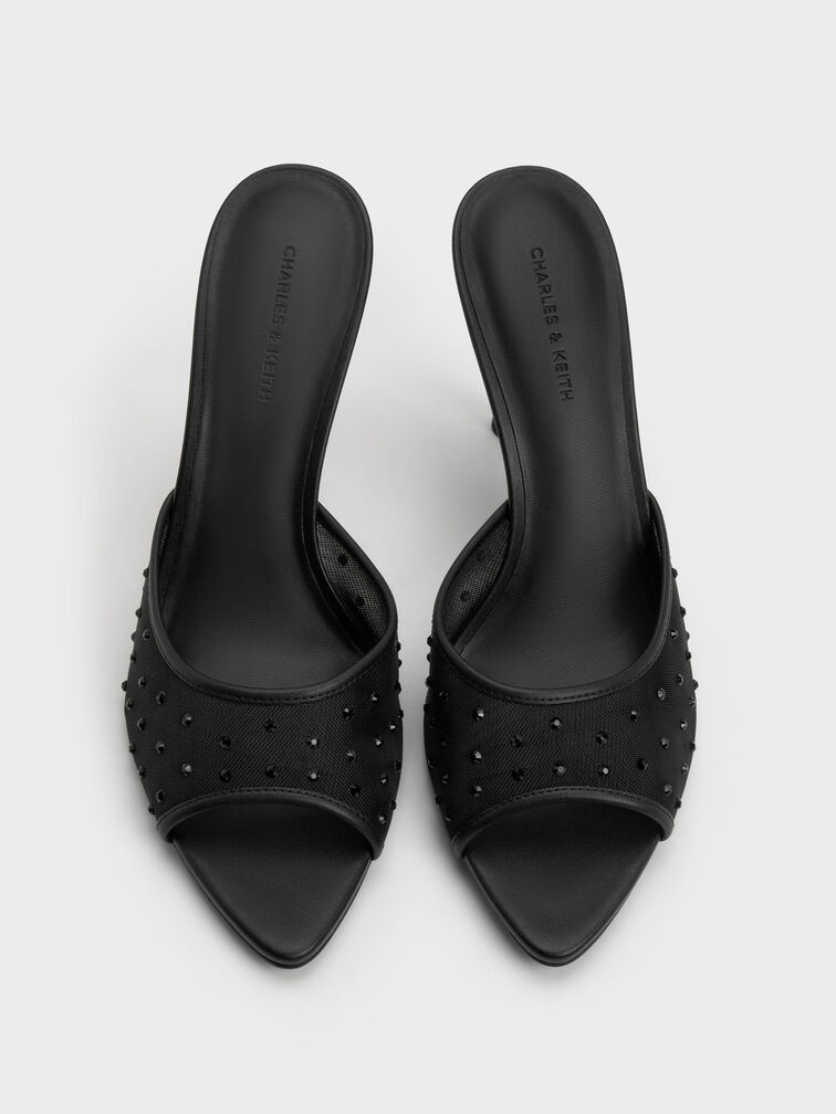 Mesh Crystal Peep-Toe Heeled Mules, Black Textured, hi-res