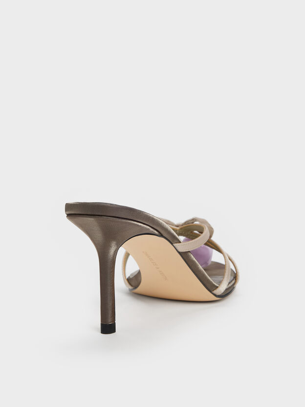 Bow Flower-Pearl Heeled Mules, Dark Brown Textured, hi-res