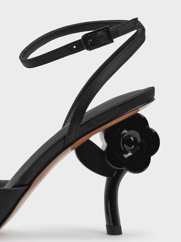 Pointed Flower-Heel Ankle-Strap Pumps, Black Textured, hi-res