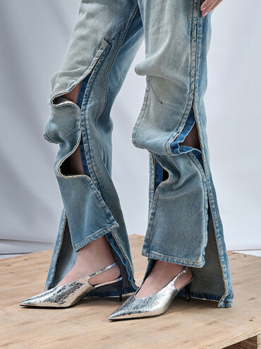 Metallic Crinkle-Effect Pointed-Toe High-Vamp Slingback Pumps, Silver, hi-res