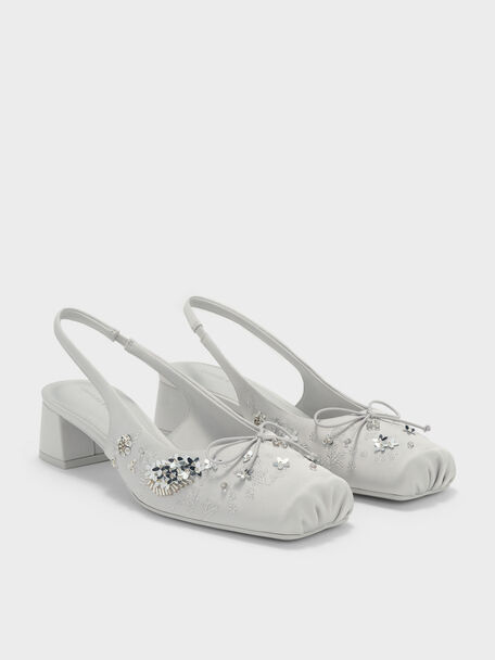 Sadira Satin Embroidered Sequinned Slingback Pumps, Grey, hi-res