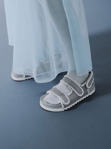 Mesh Pearl-Embellished Flatform Sandals, Silver, hi-res