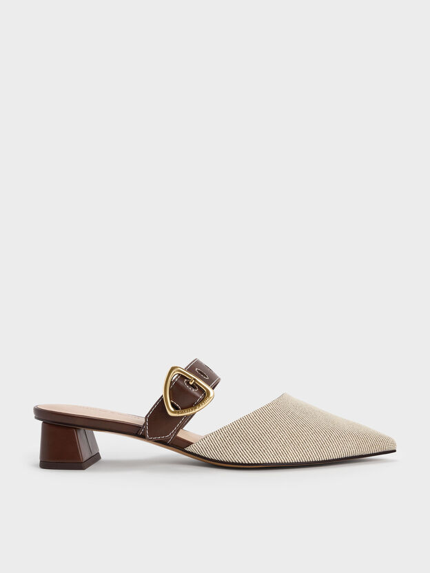 Sepphe Twill Buckle-Strap Heeled Mules, Brown, hi-res