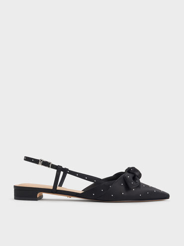 Jayce Dotted Knot-Bow Slingback Flats, Black Textured, hi-res