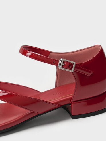Patent Block-Heel Ankle-Strap Thong Sandals, Red, hi-res