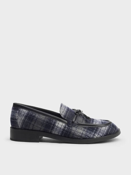 Checkered Circle-Charm Bow Loafers, Dark Grey, hi-res