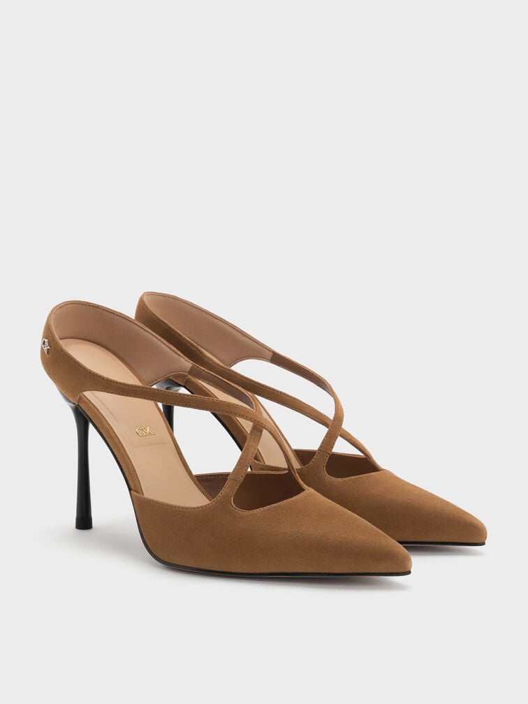 Kyra Suede Crossover-Strap Stiletto-Heel Mules, Brown, hi-res