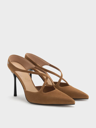 Kyra Suede Crossover-Strap Stiletto-Heel Mules, Brown, hi-res