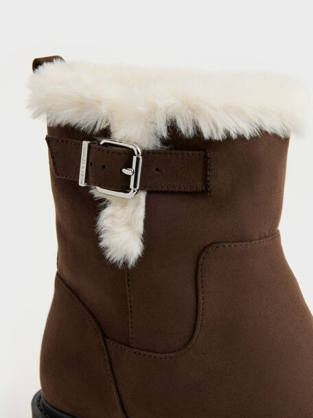 Joni Faux Suede Fur-Trim Ankle Boots, Dark Brown Textured, hi-res