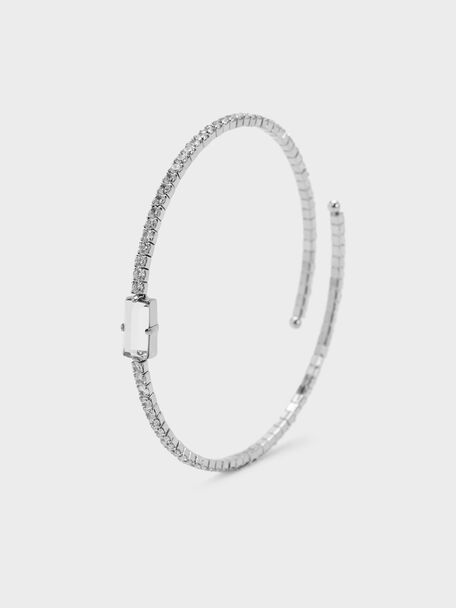 Quincy Crystal Open Bangle, Silver, hi-res