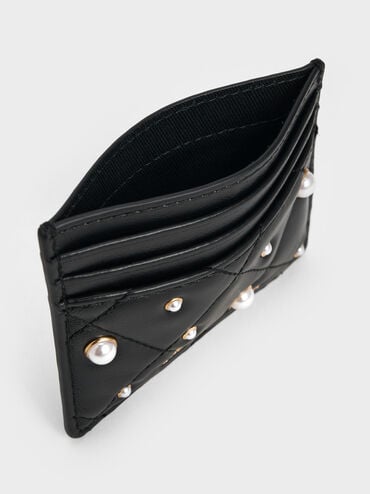 Janie Pearl-Embellished Quilted Card Holder, Black, hi-res