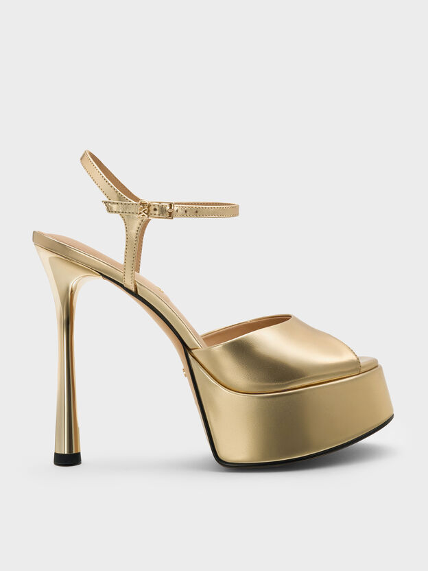 Francesca Metallic Leather Peep-Toe Platform Heels, Gold, hi-res