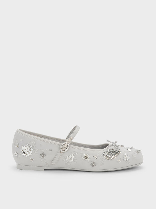 Sadira Satin Embroidered Sequinned Mary Jane Flats, Grey, hi-res