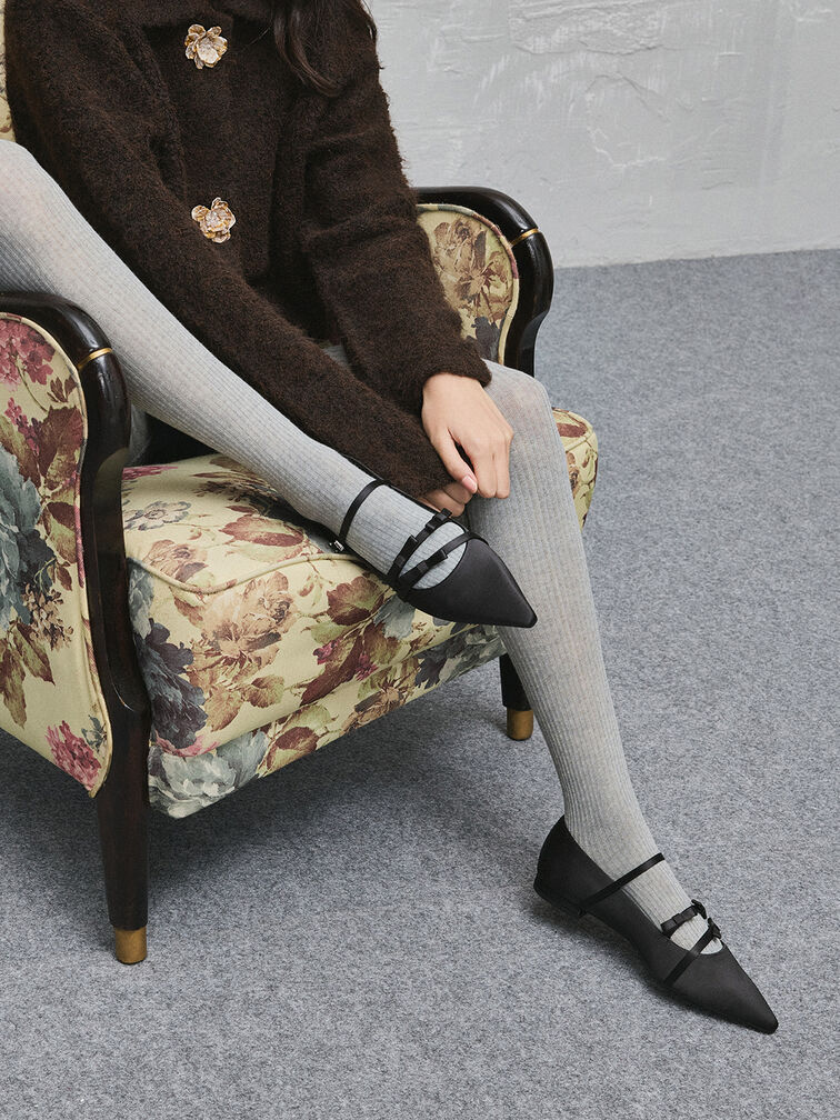 Jessy Recycled Polyester Bow Pointed-Toe Flats, Black Textured, hi-res