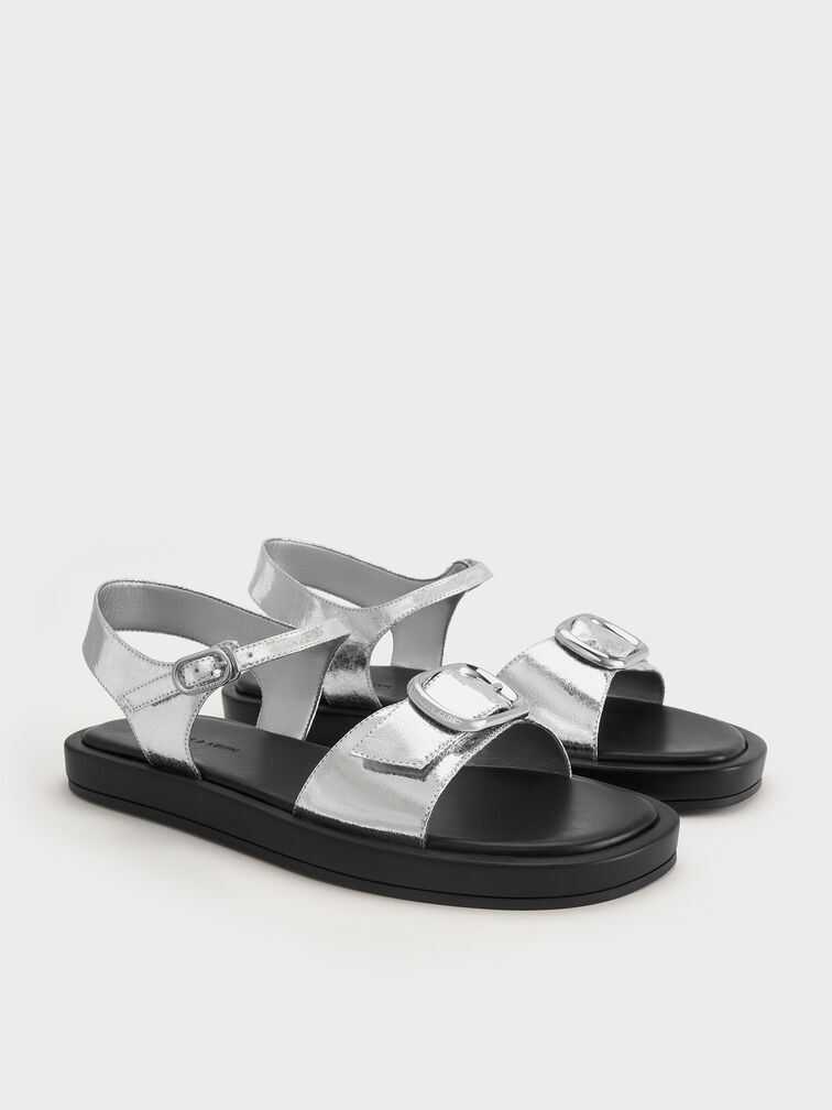 Metallic Buckled Slingback Sandals, Silver, hi-res
